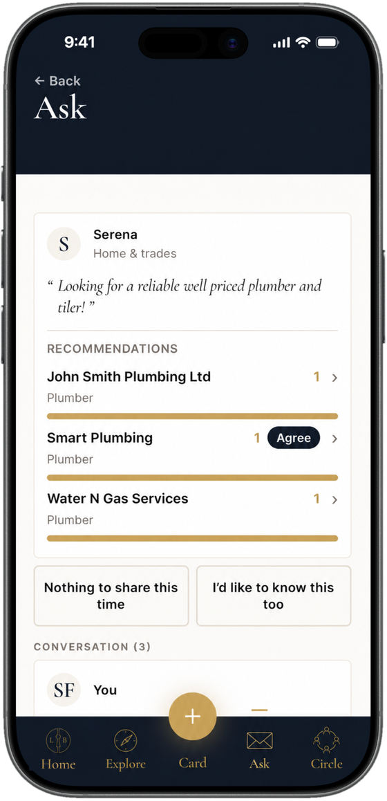 An ask for a plumber with three recommendations from friends