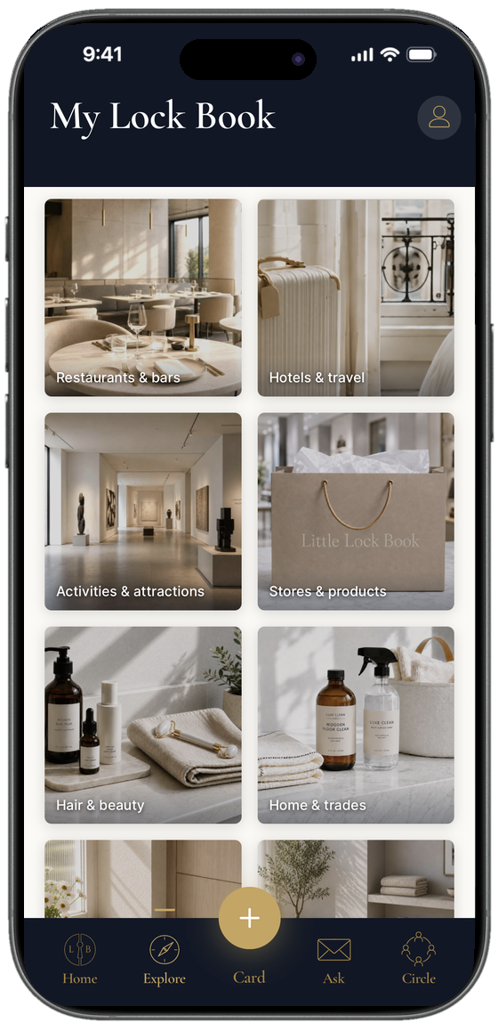 My Lock Book, everything filed by category: Restaurants & bars, Hotels & travel, Activities & attractions, Stores & products, Hair & beauty, Home & trades