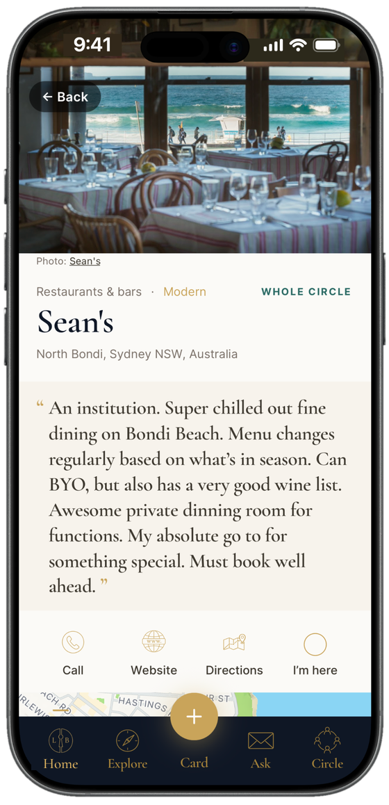 A Little Lock Book card for Sean's in North Bondi with a friend's note