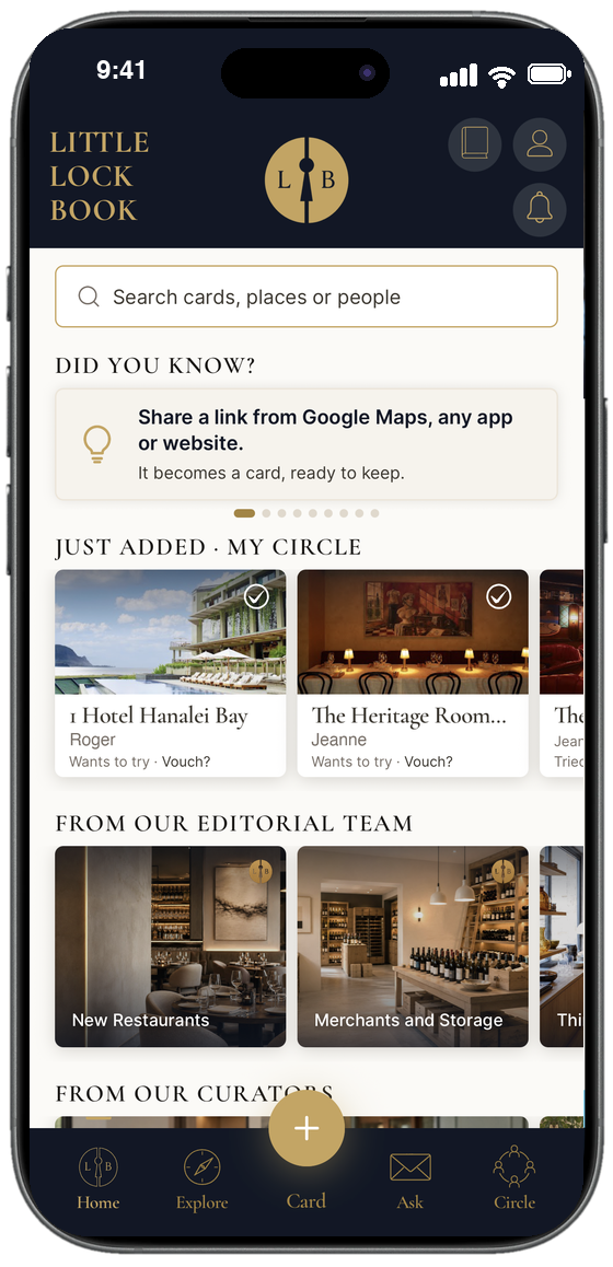 The Little Lock Book home screen, with cards just added by your circle and lists from the editorial team
