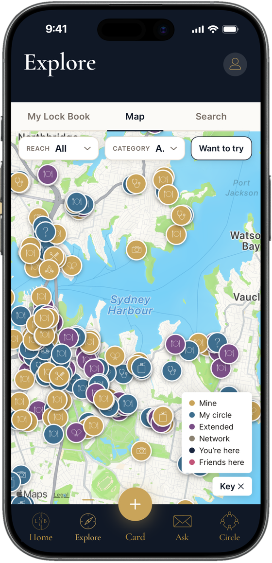 Map of Sydney showing recommendations from you, your circle and their friends