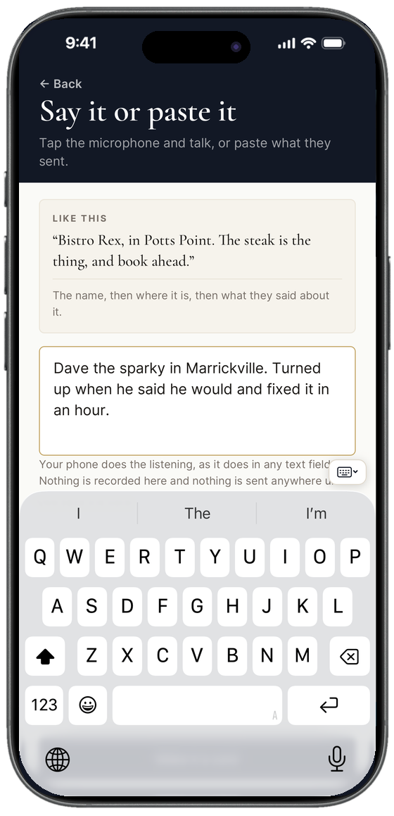 Saying a recommendation into Little Lock Book: Dave the sparky in Marrickville, turned up when he said he would and fixed it in an hour