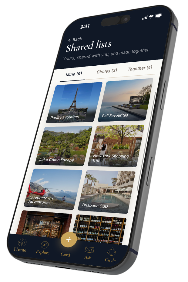 Shared lists in Little Lock Book, including Paris Favourites, Lake Como Escape and Queenstown Adventures